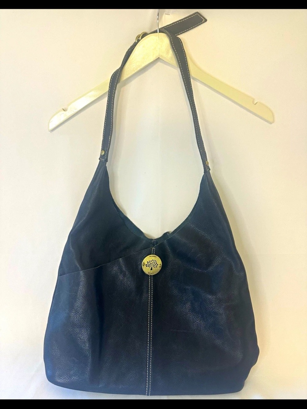 Mulberry black Pebbled Leather Hobo Shoulder Bag with Gold Disc Charm